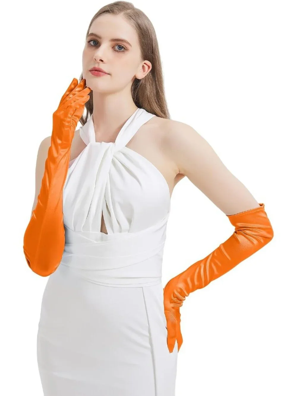 Women's Orange Satin Opera Elbow Length 1920s Flapper Long Gloves Party